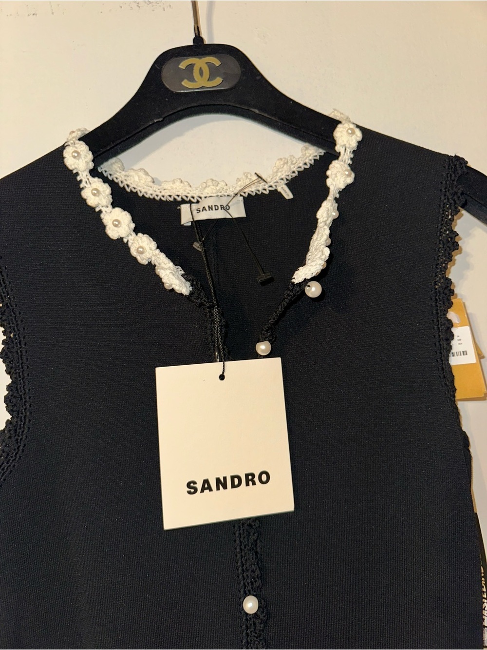 SANDRO Scalloped-Trim Knitted Black & White Floral Detail Maxi Dress Size 34 - Picture 8 of 13